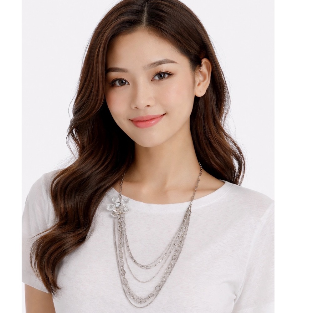 Silver Tone Multi Strand Layered‎ Necklace Clear Crystal Flower Statement